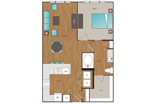 Floor plan for 1 bed, 1 bath, 797 sqft